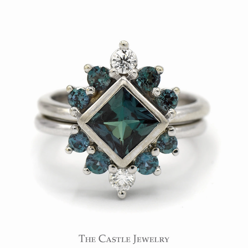 Wonderful Expression HighEnd Jewelry Bezel Set Square Alexandrite Ring with Diamond Accents and Matching Band in 14k White Gold