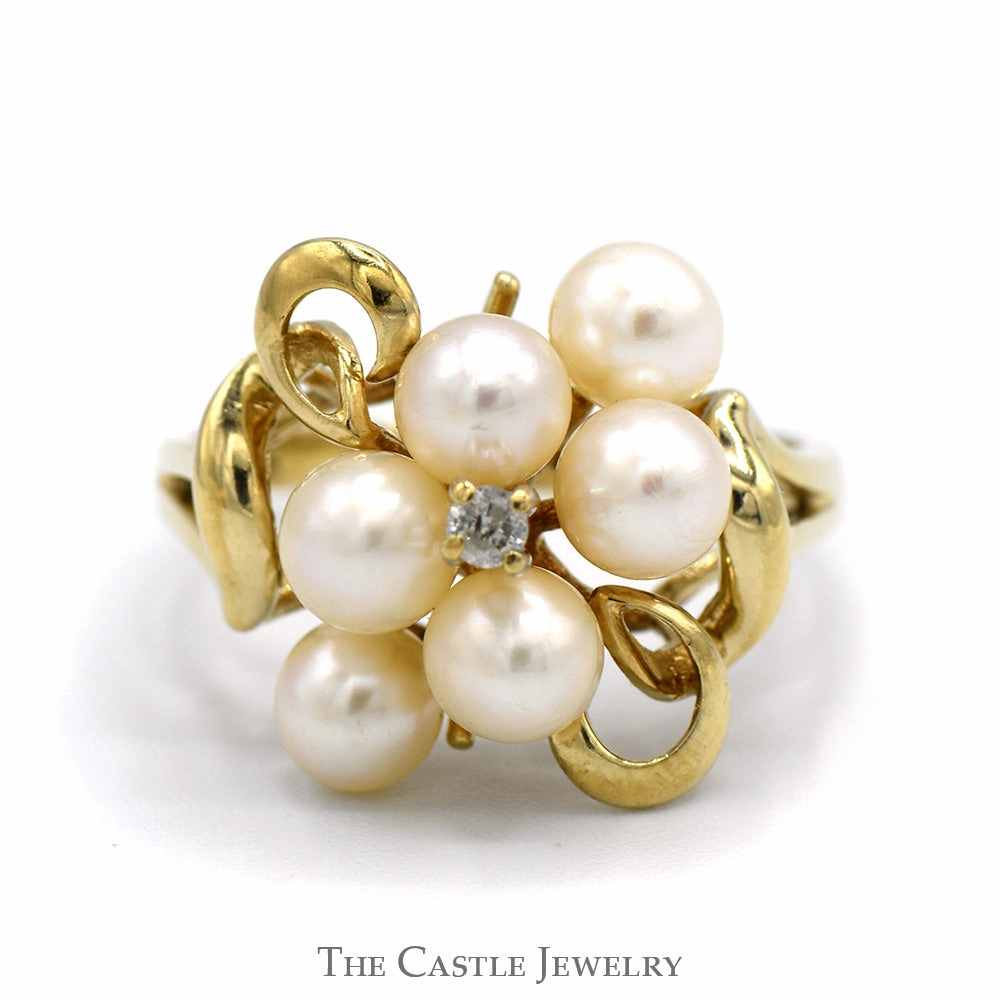 Pearl Cluster Ring with Diamond Accent in 10k Yellow Gold Swirled Freeform Setting New Age Luxury Object