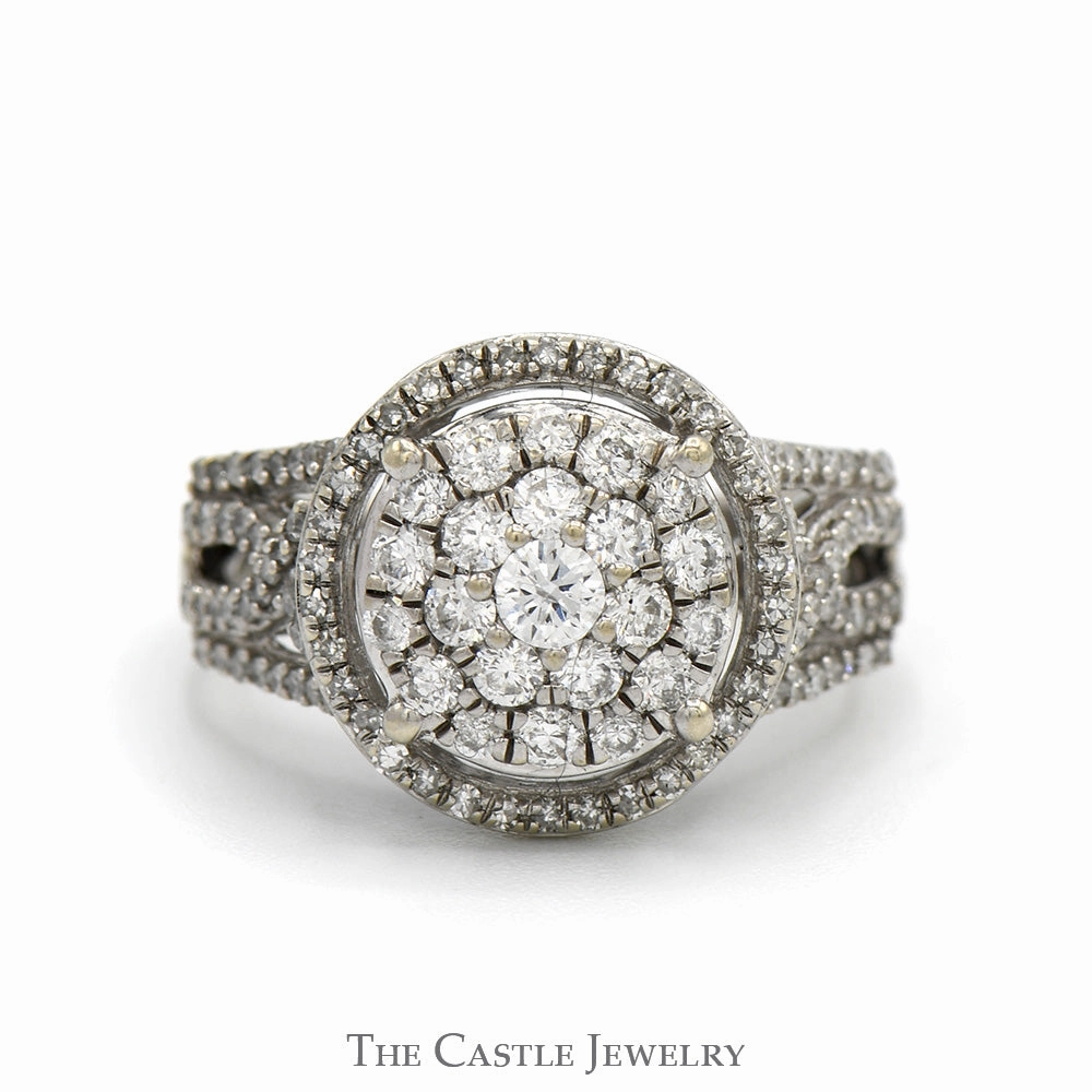 3/4cttw Round Diamond Cluster Engagement Ring with Diamond Halo and Diamond Accented Open Sides in 14k White Gold Luxury Harmony