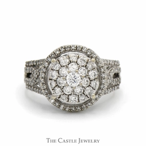 3/4cttw Round Diamond Cluster Engagement Ring with Diamond Halo and Diamond Accented Open Sides in 14k White Gold Luxury Harmony