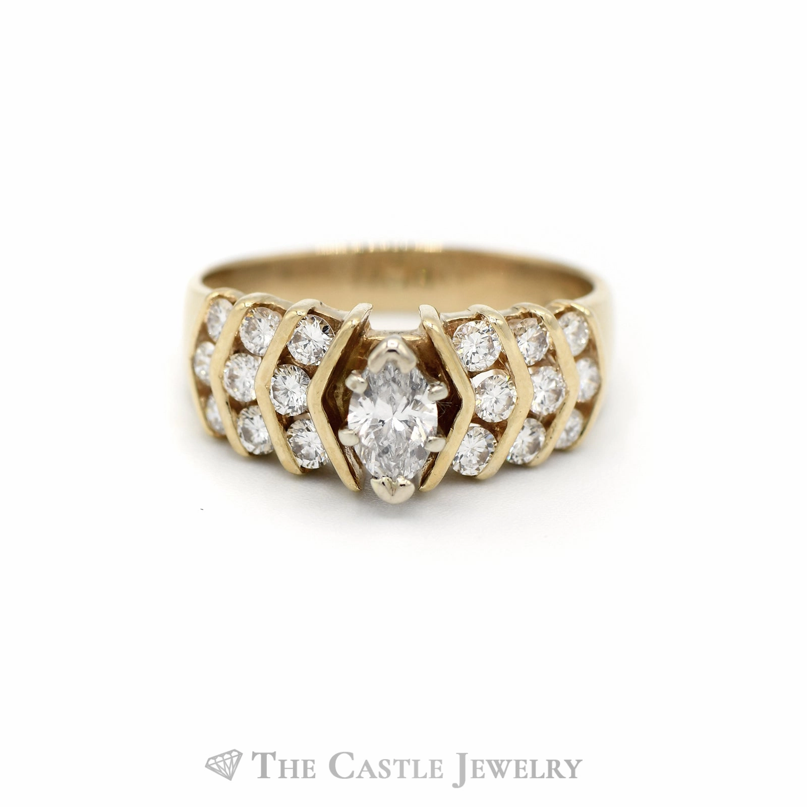 1cttw Marquise Cut Diamond Ring with Channel Set Diamond Accents in 14k Yellow Gold Delicate Work Brilliant Ornament