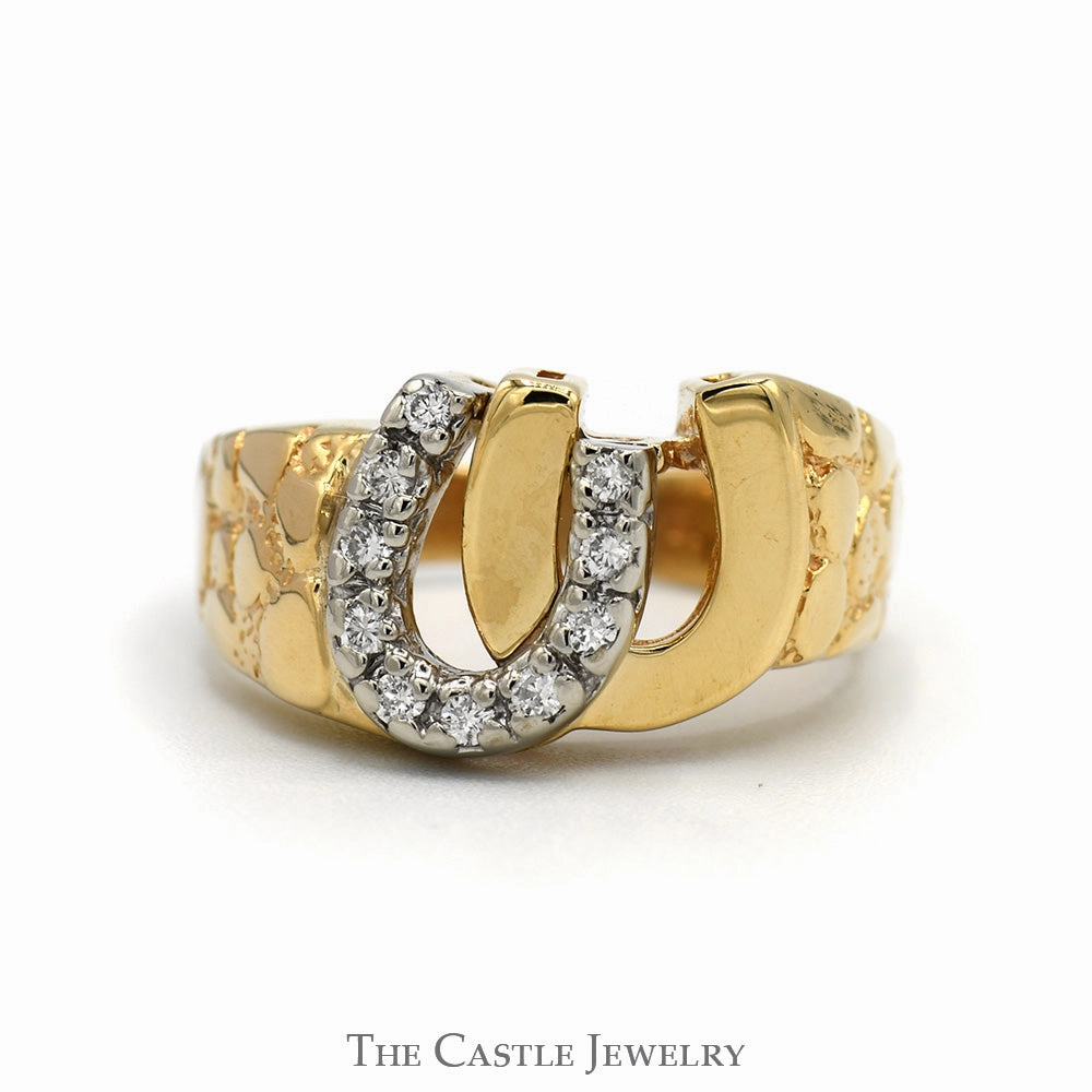 Double Horseshoe Ring with Diamond Accents and Nugget Designed Sides in 14k Yellow Gold Simple Ornament