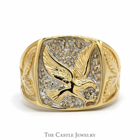 Eagle Designed Ring with Illusion Set Diamond Accents and Leaf Designed Sides in 10k Yellow Gold Style Boost Perfect Fit