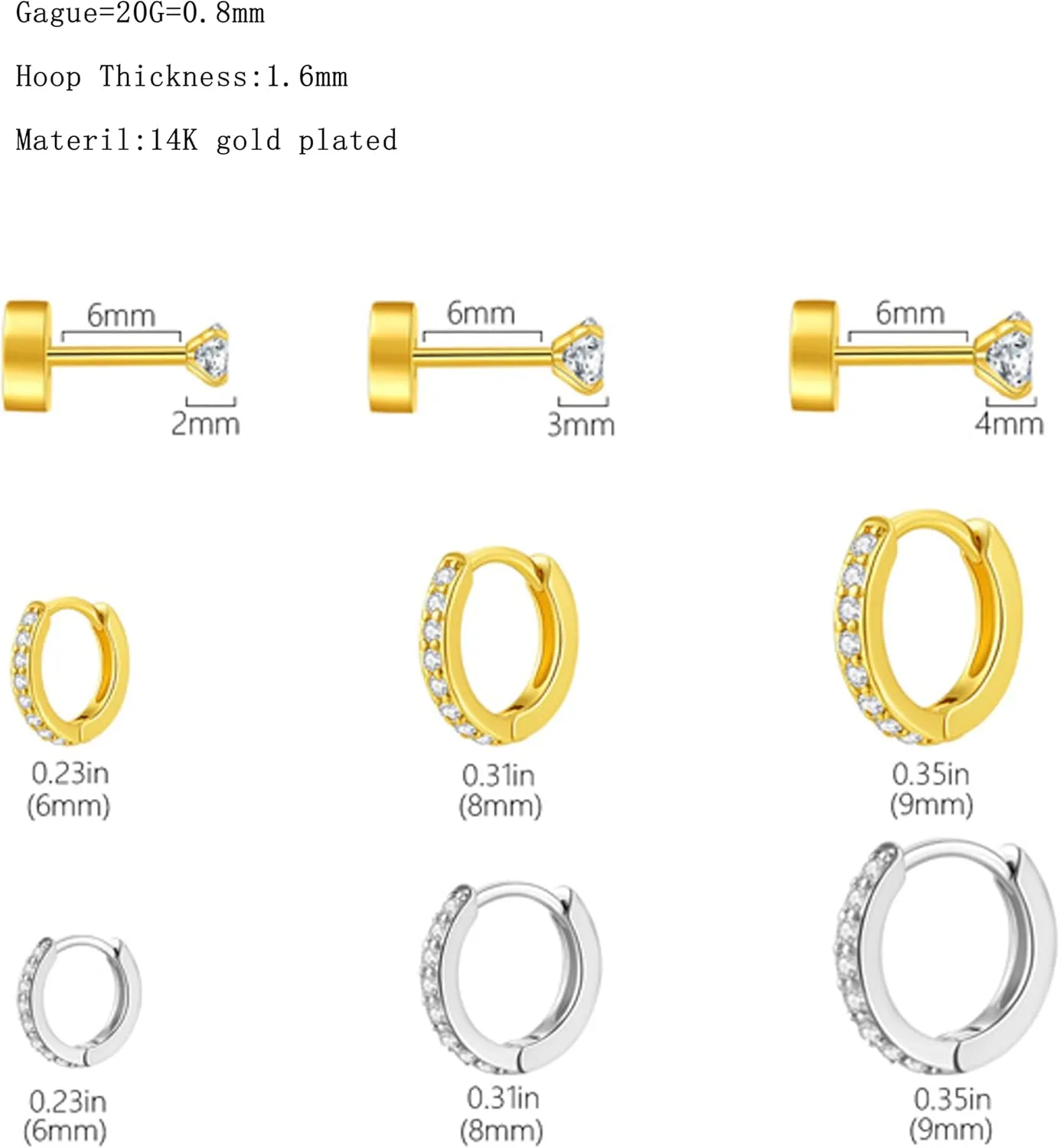 Earring Sets for Multiple Piercing: Small Gold Hoop Stud Earrings for Women Multipack Huggie Hoop Earrings Cubic Zirconia Earrings Studs for Cartilage Helix Tragus Lobe