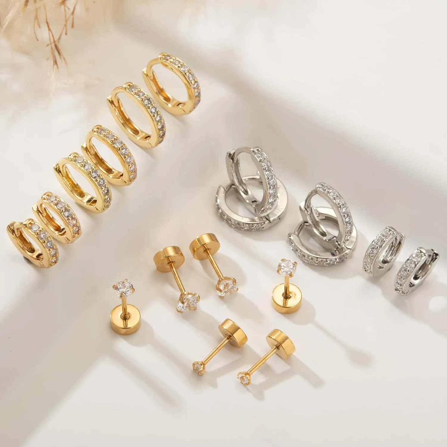 Earring Sets for Multiple Piercing: Small Gold Hoop Stud Earrings for Women Multipack Huggie Hoop Earrings Cubic Zirconia Earrings Studs for Cartilage Helix Tragus Lobe