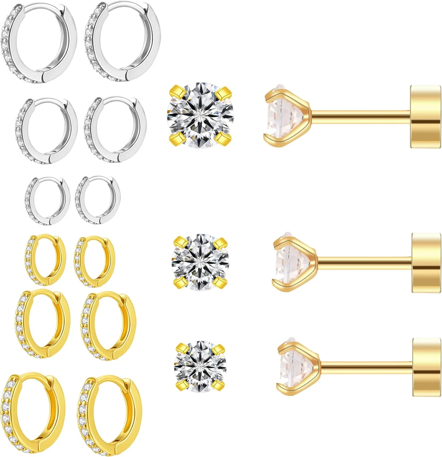 Earring Sets for Multiple Piercing: Small Gold Hoop Stud Earrings for Women Multipack Huggie Hoop Earrings Cubic Zirconia Earrings Studs for Cartilage Helix Tragus Lobe