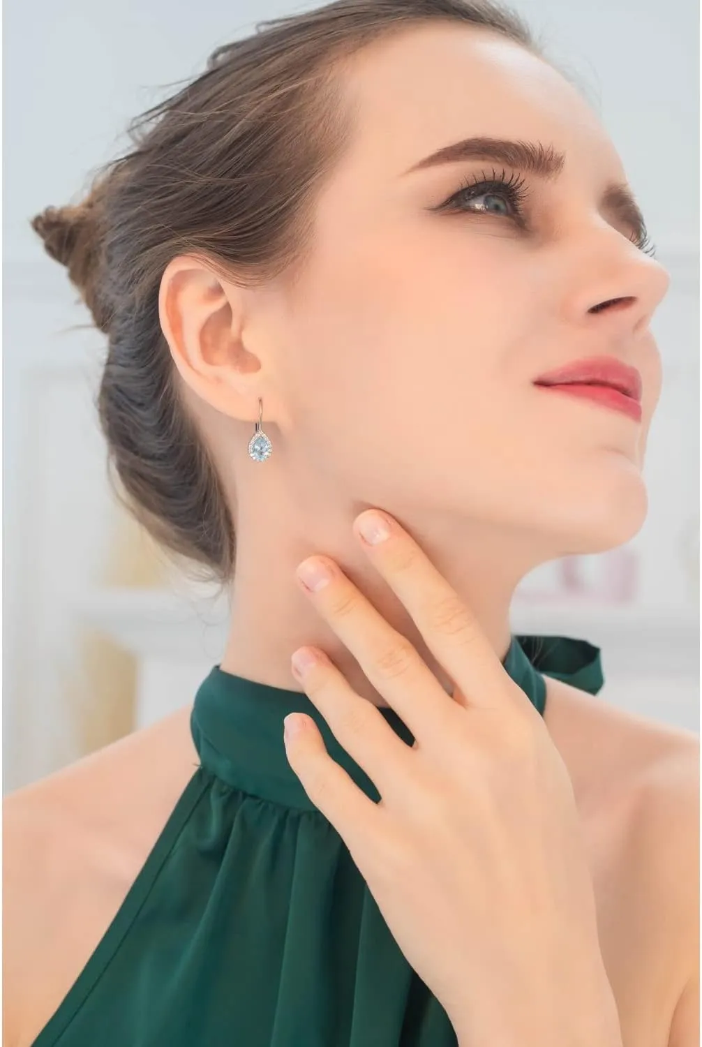Earrings for Women, Birthstone Earrings, 8x6mm Pear Halo Genuine or Synthetic Gemstone, Leverbacks, Teardrop Earrings, Huggie Earrings, Drop Earrings, Dangle Earrings, Silver Earrings-Gold-Rose Flash