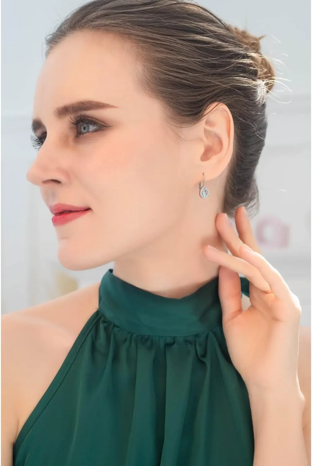 Earrings for Women, Birthstone Earrings, 8x6mm Pear Halo Genuine or Synthetic Gemstone, Leverbacks, Teardrop Earrings, Huggie Earrings, Drop Earrings, Dangle Earrings, Silver Earrings-Gold-Rose Flash