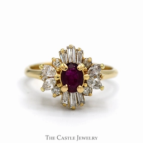Creative Work Durable Construction Oval Ruby Ring with Marquise & Baguette Cut Diamond Halo in 14k Yellow Gold