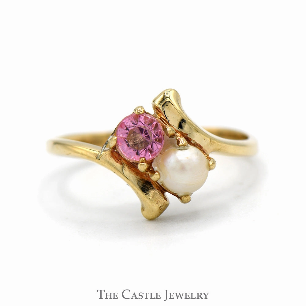 White Pearl and Pink Ice Ring in 10k Yellow Gold Bypass Mounting Comfortable Object