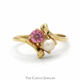 White Pearl and Pink Ice Ring in 10k Yellow Gold Bypass Mounting Comfortable Object