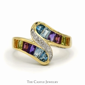 Classic Insignia Baguette Cut Multi Gem Channel Set Bypass Ring with Diamond Accents in 14k Yellow Gold
