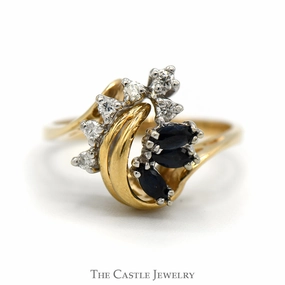Dashing Accessory Triple Marquise Sapphire Ring with Diamond Accents in Swirled Abstract 14k Yellow Gold Mounting