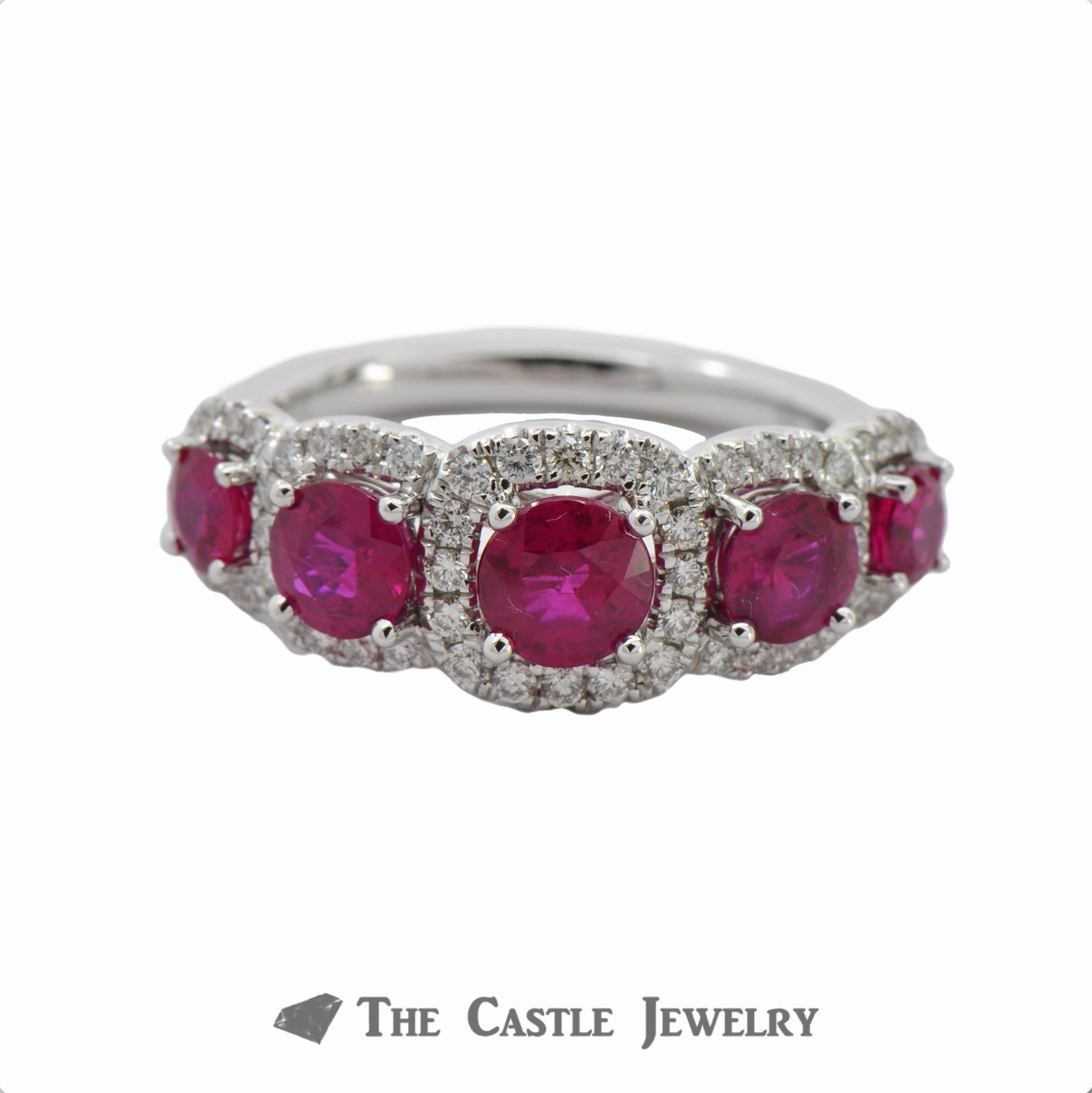 Unique Token Classic Item Ruby Ring with Cushion Shaped Diamond Bezel in 18K White Gold