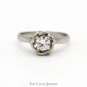 1/3ct Round Diamond Solitaire Engagement Ring with Flower Designed Bezel in 14k White Gold Minimal Texture Compact Design