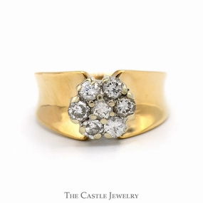 1cttw Round Shaped 7 Diamond Cluster Ring with Concaved Tapered Sides in 10k Yellow Gold Sleek Style