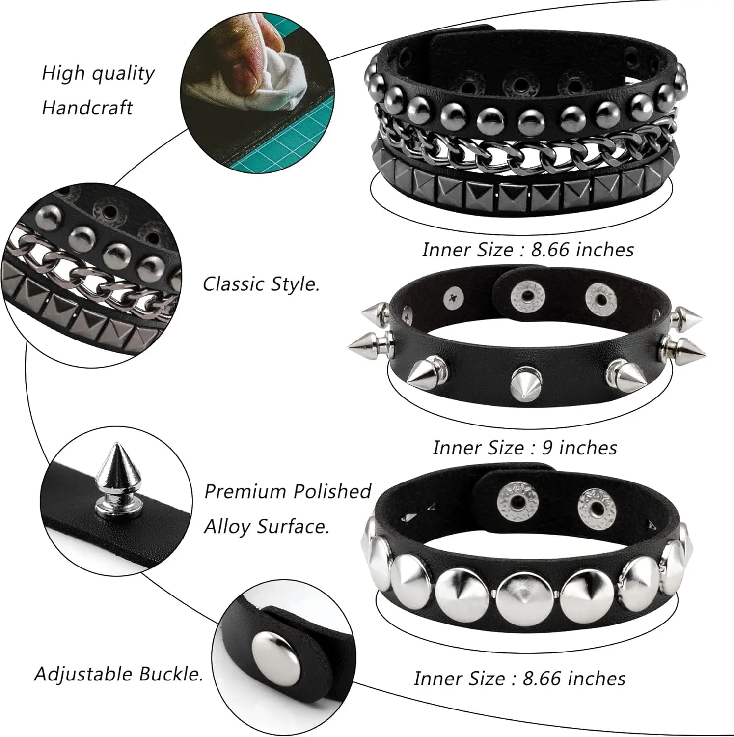 Eigso 3 Pcs Leather Punk Bracelets for Men Women of Rock Rivet Wrap Retro Spike Bracelet Adjustable