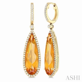 23x7 MM Pear Shape Citrine and 3/8 Ctw Round Cut Diamond Halo Semi-Precious Earrings in 14K Yellow Gold Quick Spark