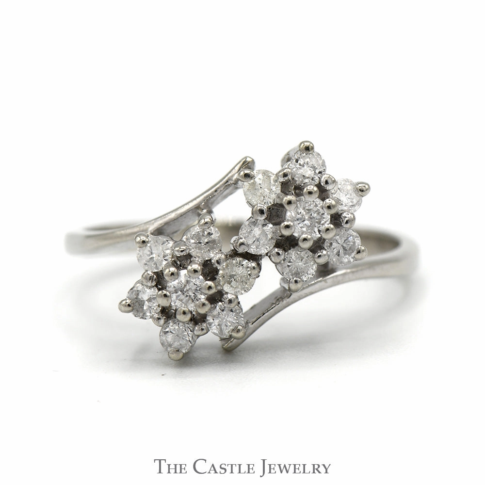 Convenient Appearance 1/2cttw Double Flower Diamond Cluster Ring in 14k White Gold Bypass Design