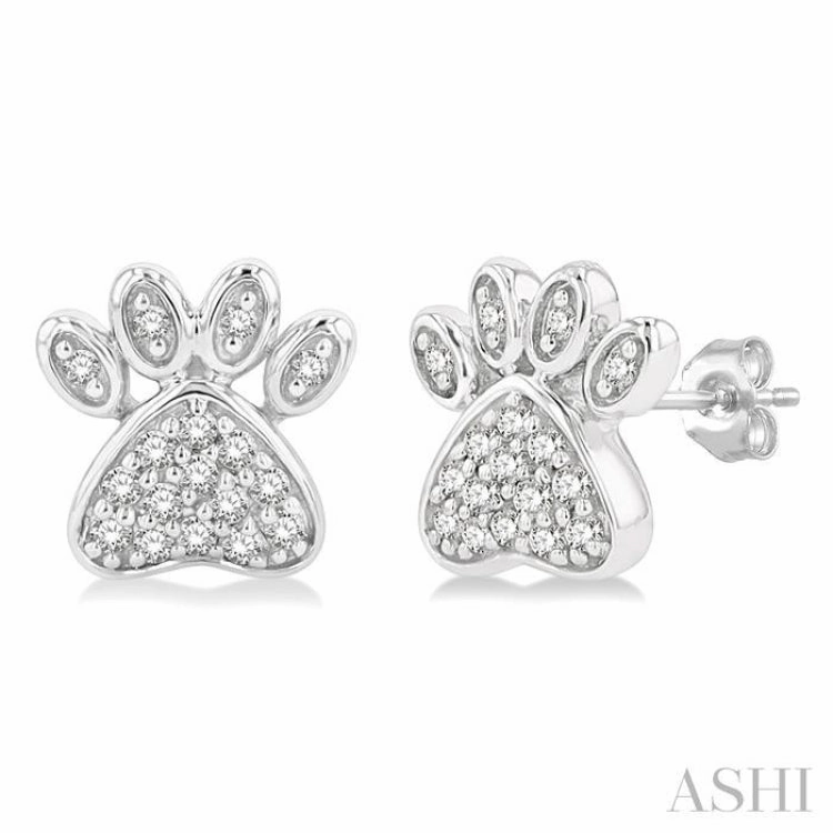 Luxury Glow Glimmer Accent 1/8 Ctw Petite Dog Paw Round Cut Diamond Fashion Stud Earring in 10K White Gold