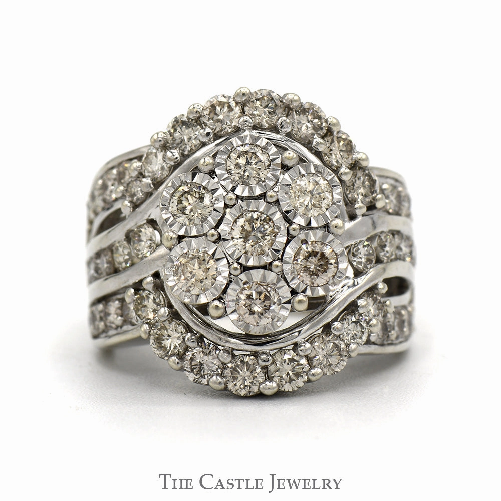 2cttw Illusion Set Diamond Cluster Engagement Ring with Swirled Accented Sides in 10k White Gold Low-Cost Work