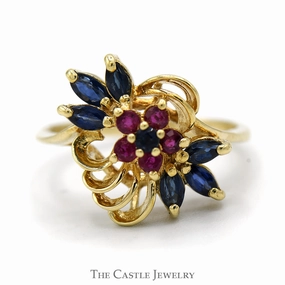 Timeless Statement Work Outfit Round Ruby & Marquise Sapphire Cluster Ring with Freeform Vintage Design in 14k Yellow Gold