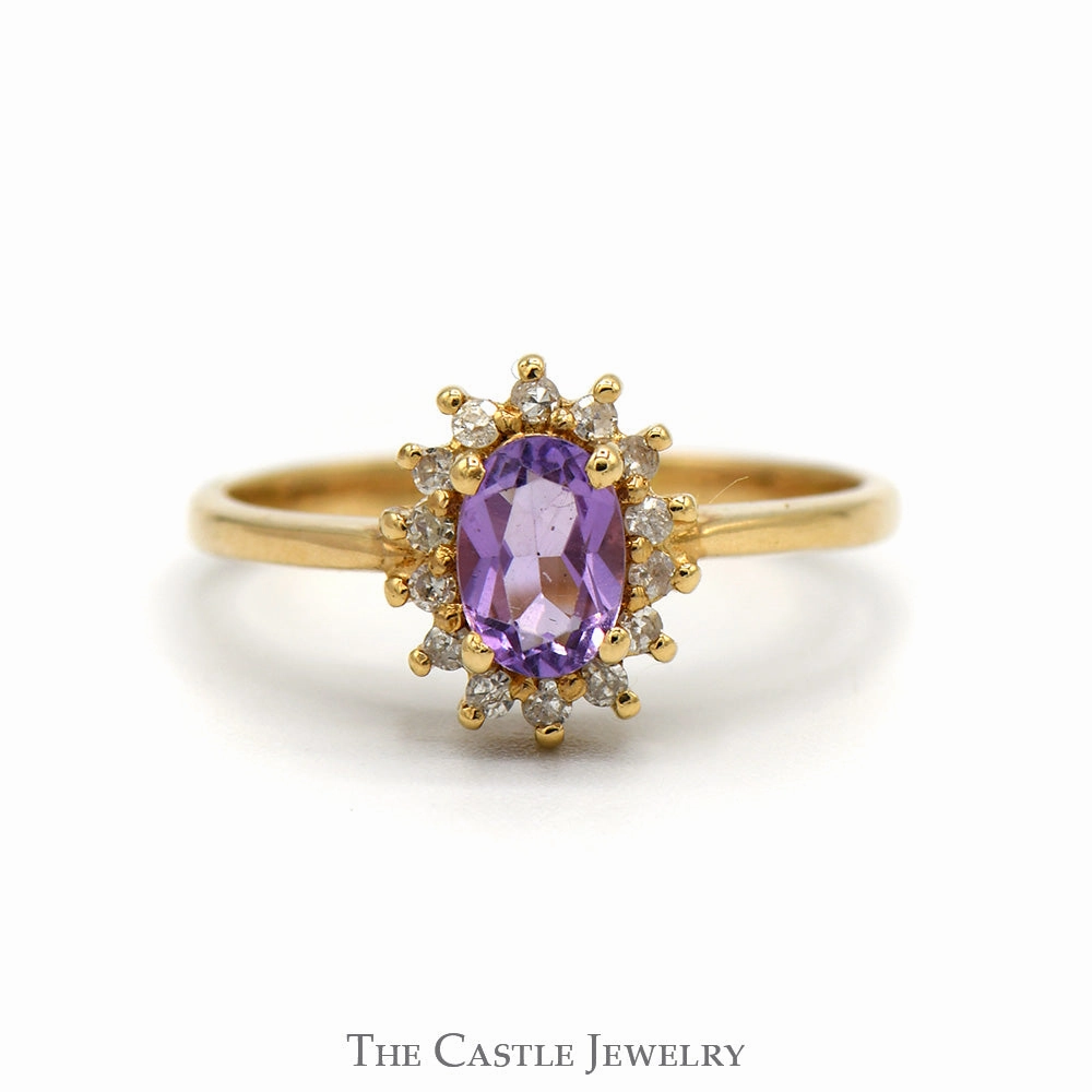 Oval Amethyst Ring with Diamond Halo in 14k Yellow Gold Vintage Gift