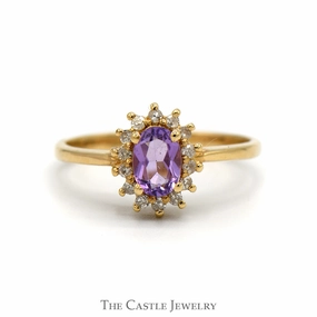Oval Amethyst Ring with Diamond Halo in 14k Yellow Gold Vintage Gift