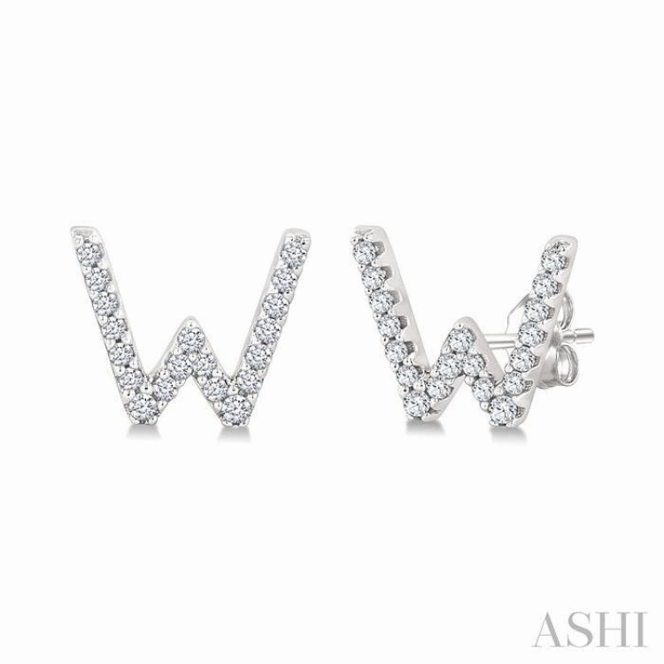 Refined Feature 1/8 Ctw Initial 'W' Round Cut Diamond Earrings in 10K White Gold