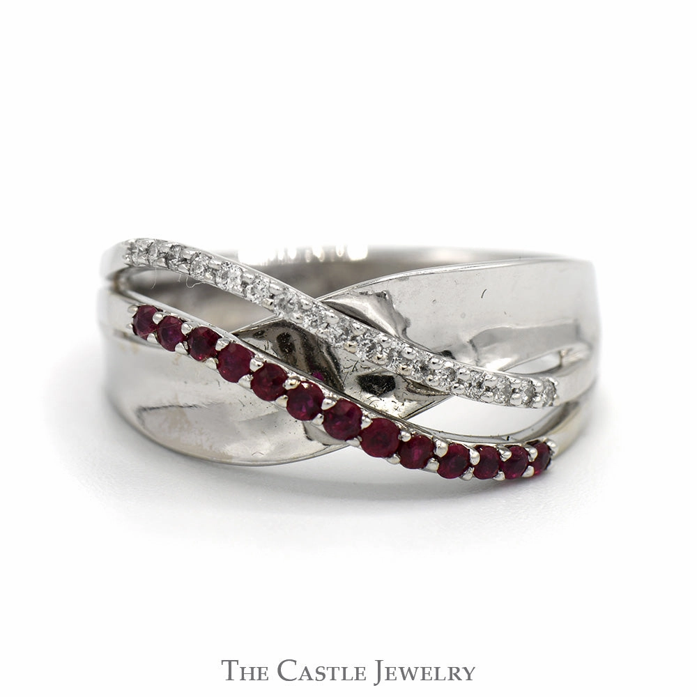 Ruby & Diamond Curved Crossover Designed Ring in 14k White Gold Geometric Shape Subtle Charm