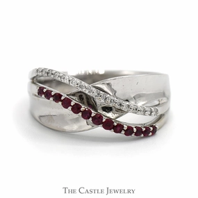 Ruby & Diamond Curved Crossover Designed Ring in 14k White Gold Geometric Shape Subtle Charm