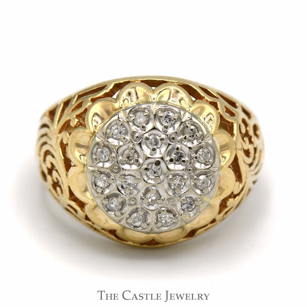 Refined Finish Work Friendly 1/4cttw Diamond Kentucky Cluster Ring with Filigree Sides in 10k Yellow Gold