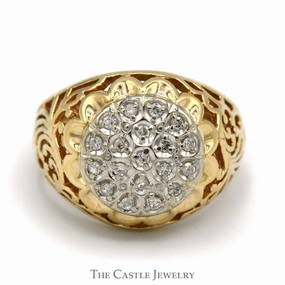 Refined Finish Work Friendly 1/4cttw Diamond Kentucky Cluster Ring with Filigree Sides in 10k Yellow Gold
