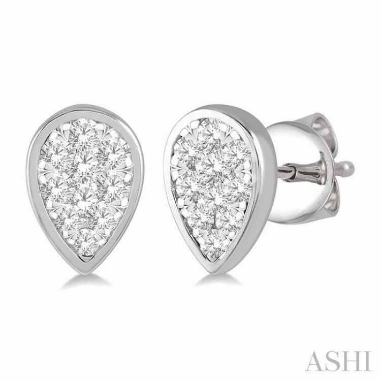 1/2 ctw Pear Shape Lovebright Round Cut Diamond Bezel Stud Earring in 14K White Gold Cocktail Hour Sleek Finish