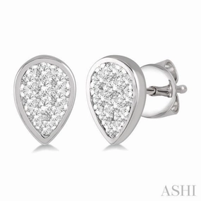 1/2 ctw Pear Shape Lovebright Round Cut Diamond Bezel Stud Earring in 14K White Gold Cocktail Hour Sleek Finish