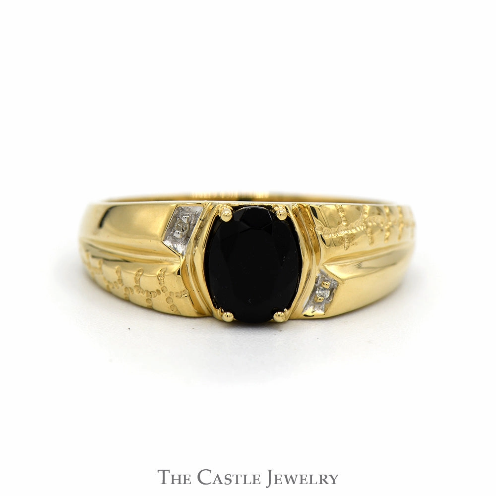 Oval Cut Black Onyx Ring with Diamond Accents & Nugget Textured Sides in 10k Yellow Gold Fine Art Daily Simplicity