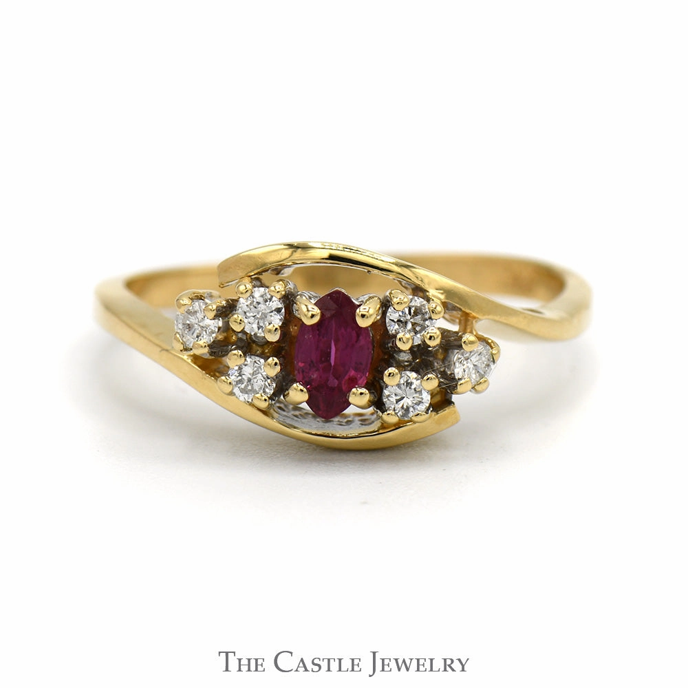 Vintage Jewelry Glow Effect Marquise Cut Ruby Ring with Diamond Cluster Accents in 14k Yellow Gold