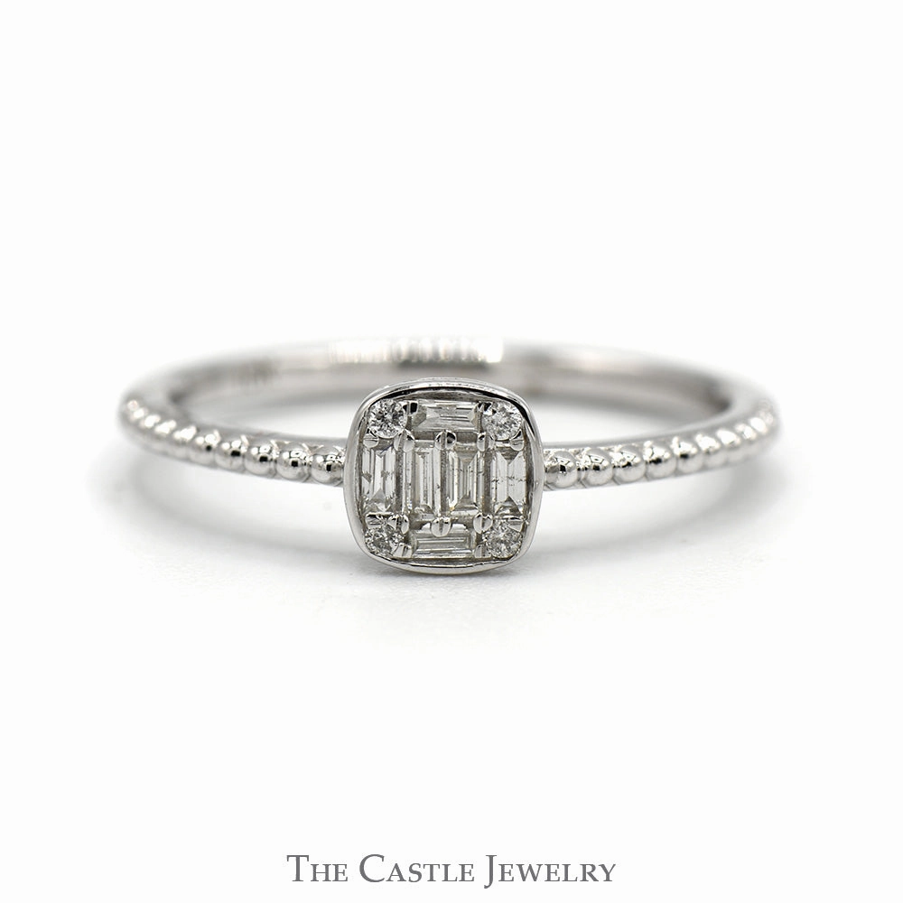 Square Shaped Baguette & Round Diamond Cluster Ring with Beaded Sides in 10k Debossed Logo Imperial Measure
