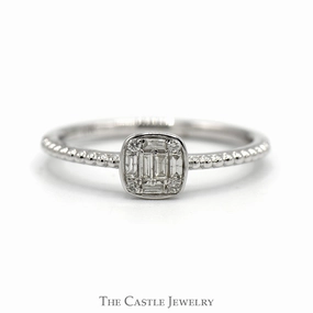 Square Shaped Baguette & Round Diamond Cluster Ring with Beaded Sides in 10k Debossed Logo Imperial Measure