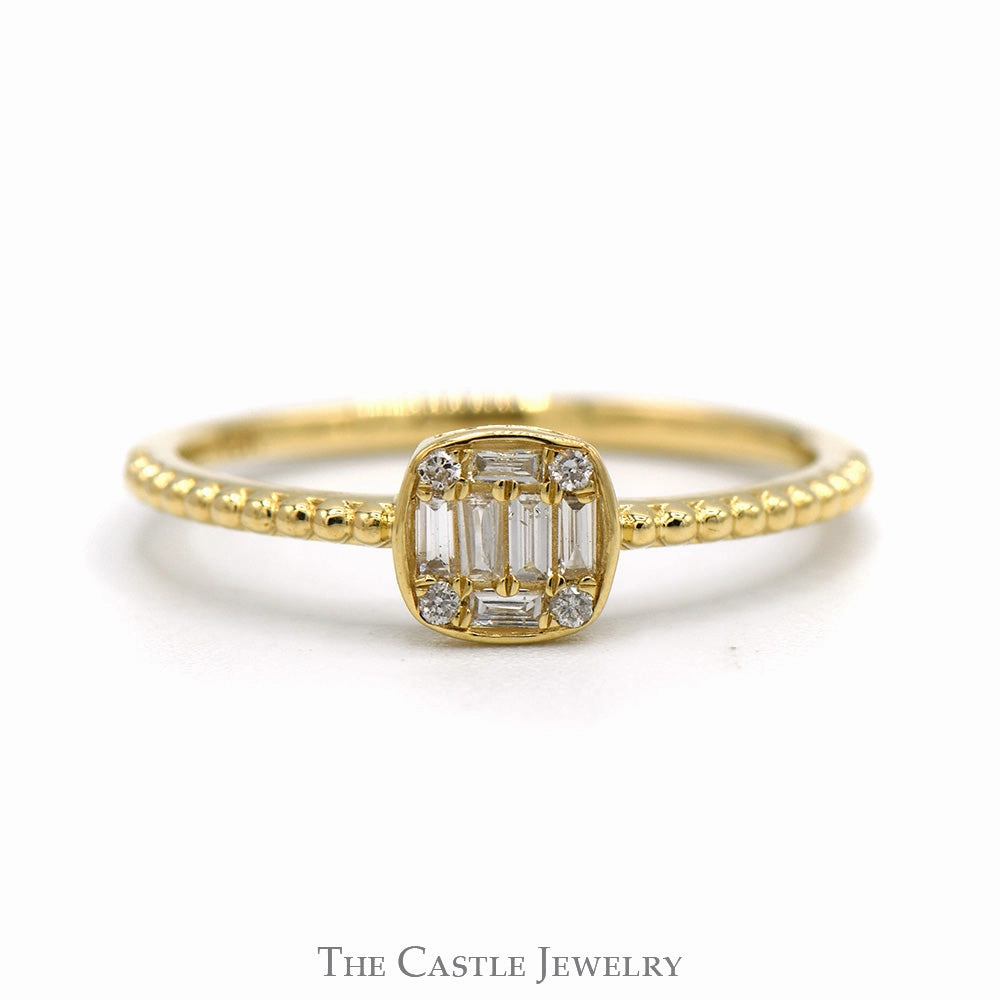 Bold Memento Unique Style Square Shaped Baguette & Round Diamond Cluster Ring with Beaded Sides in 10k