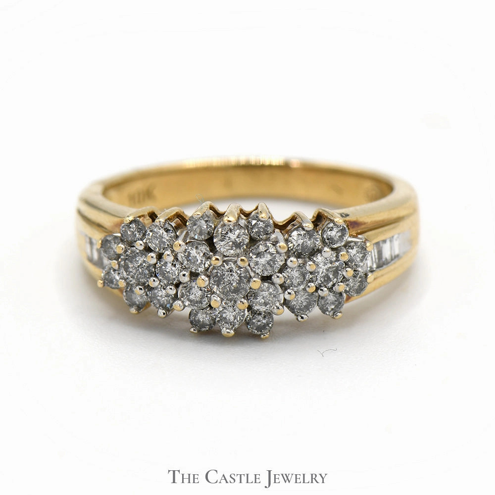 Handcrafted Accessory 1/2cttw Diamond Cluster Ring with Baguette Diamond Accents in 10k Yellow Gold