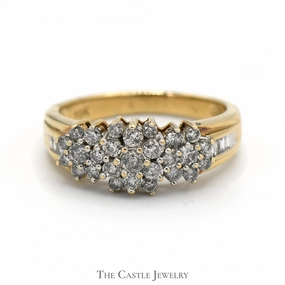 Handcrafted Accessory 1/2cttw Diamond Cluster Ring with Baguette Diamond Accents in 10k Yellow Gold
