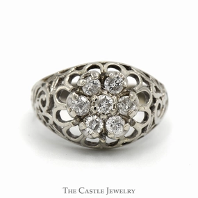 Romantic Expression 1/2cttw Kentucky Diamond Cluster Ring with Open Filigree Sides in 10k White Gold