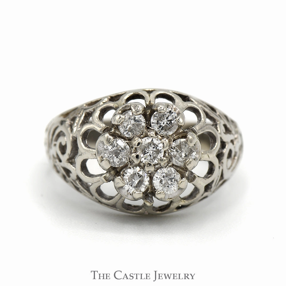 Romantic Expression 1/2cttw Kentucky Diamond Cluster Ring with Open Filigree Sides in 10k White Gold