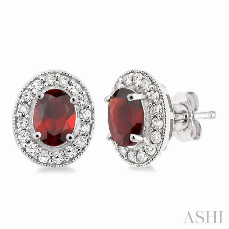 Elegant Features Iconic Feel 7x5 MM Oval Cut Garnet and 3/8 Ctw Round Cut Diamond Earrings in 14K White Gold