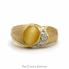 Timeless Statement Eternal Style Oval Tiger's Eye Men's Ring with Diamond Accents in 10k Yellow Gold Brushed Textured Mounting