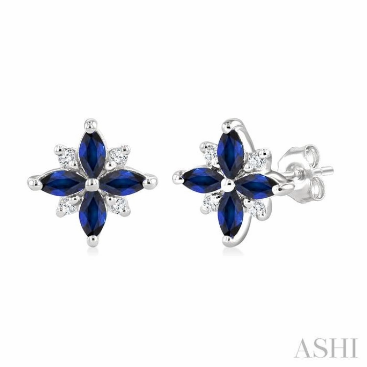 4X2 MM Marquise Shape Sapphire and 1/10 Ctw Round Cut Diamond Blossom Earrings in 10K White Gold family gathering Dressy look