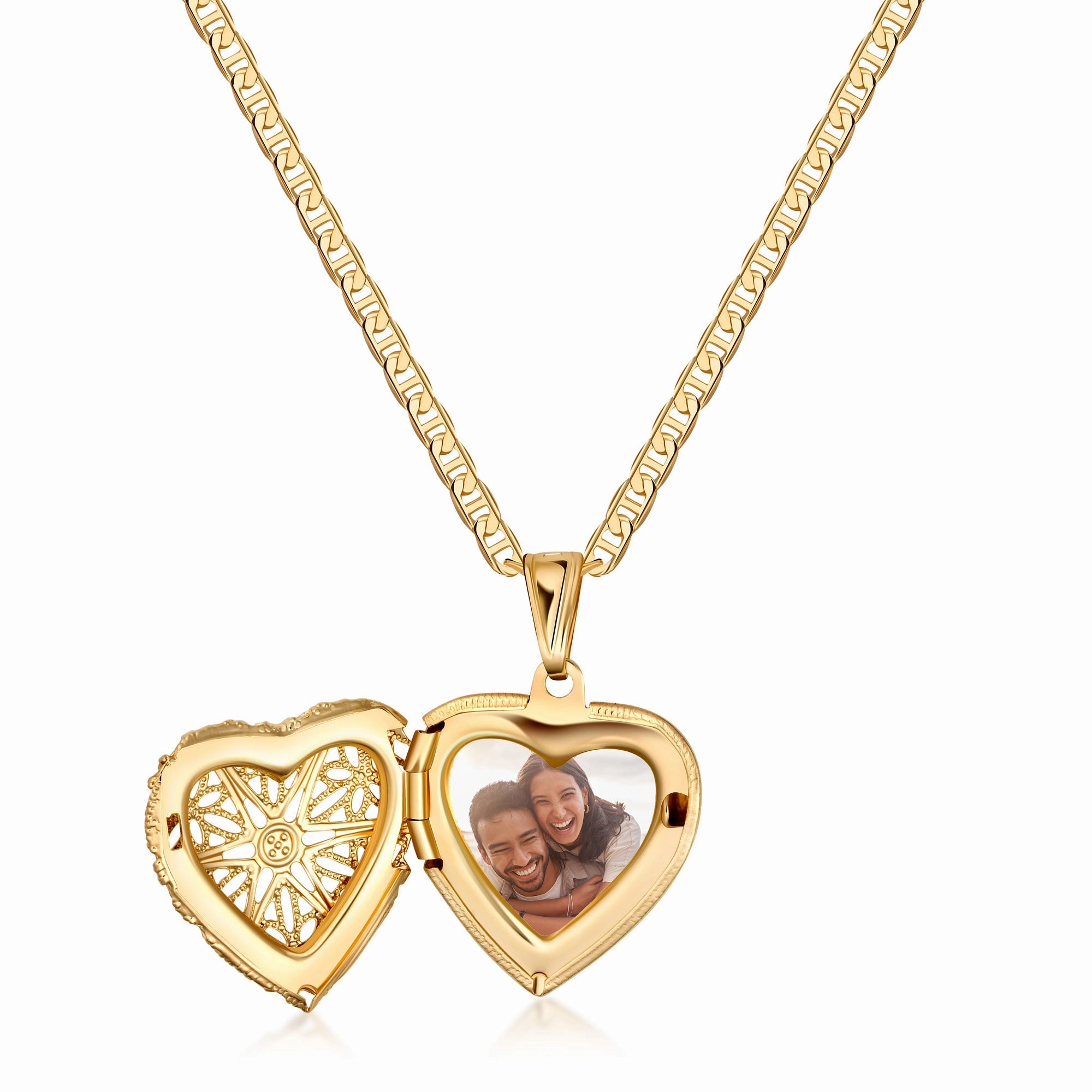 18k Gold Plated Filigree Heart Locket Pendant with Mariner Chain Necklace Warm Accent Bold Feature