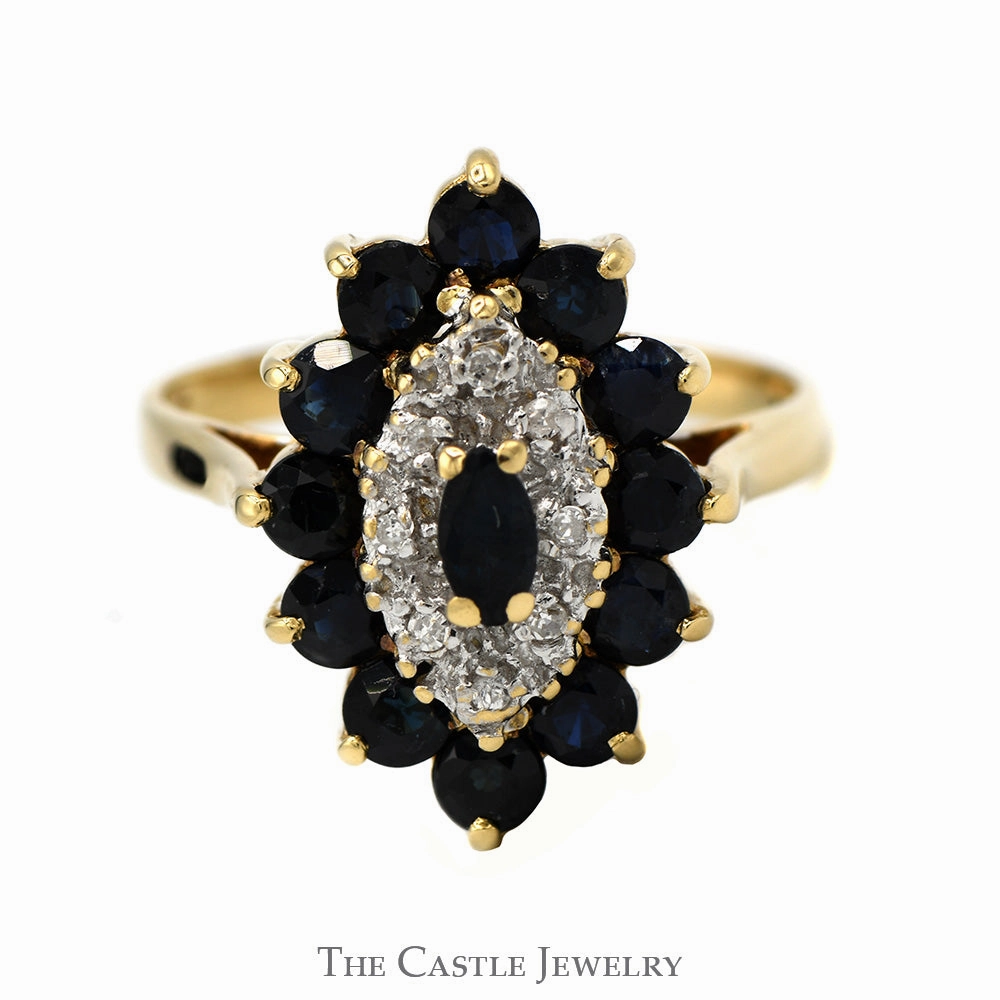 Artistic Gift Modern Fashion Sapphire And Diamond Marquise Shaped Cluster Ring With .04 CTTW Of Diamonds In 14KT Yellow Gold
