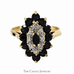 Artistic Gift Modern Fashion Sapphire And Diamond Marquise Shaped Cluster Ring With .04 CTTW Of Diamonds In 14KT Yellow Gold